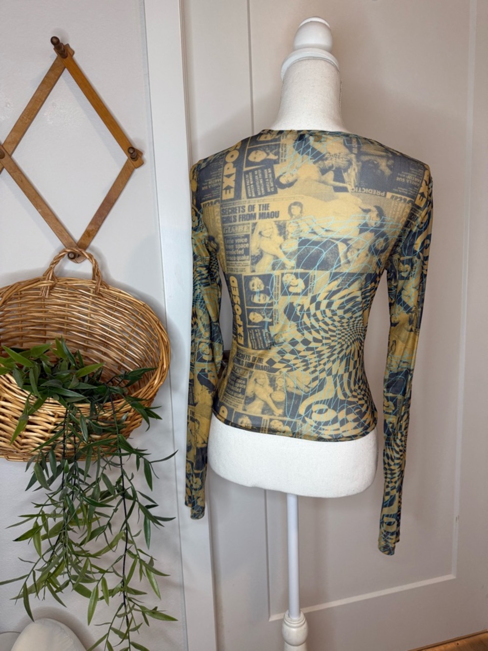 Miaou Mesh Long Sleeve Graphic Top Sheer Y2K Abstract Print - Picture 2 of 3